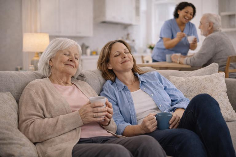 Supportive palliative care team meeting with a patient and family member at home in Texas